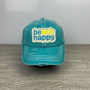 Y2K Be Happy Hat Cap Strap Back Blue Canvas Beach Happy Vacation‎
